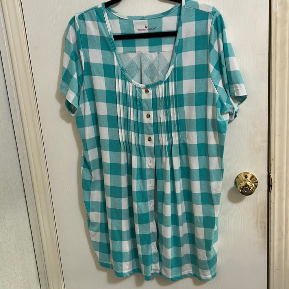 Adorable, green and white blouse, by woman within, size large(18-20)